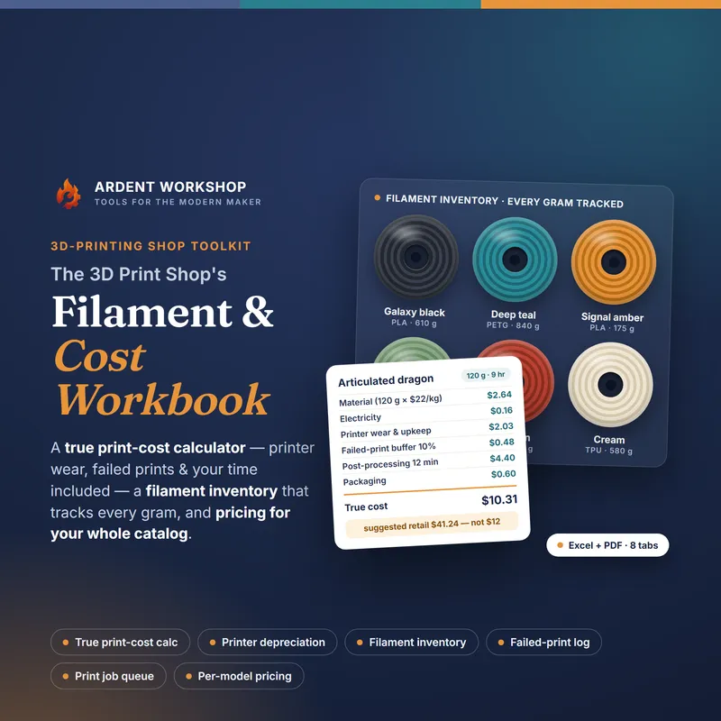 3D-Printing Shop's Filament & Print-Cost Workbook — True Print Costs, Printer Depreciation, Filament Inventory & Pricing