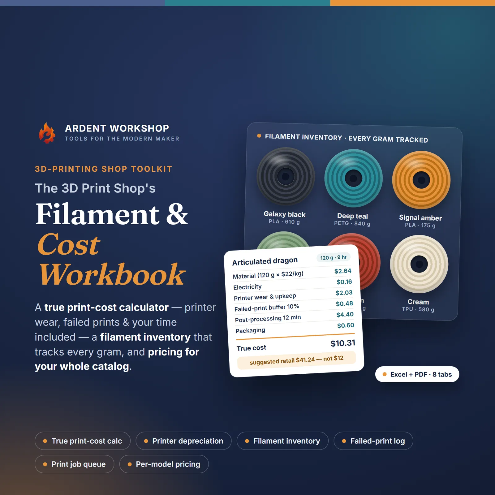 3D-Printing Shop's Filament & Print-Cost Workbook — True Print Costs, Printer Depreciation, Filament Inventory & Pricing