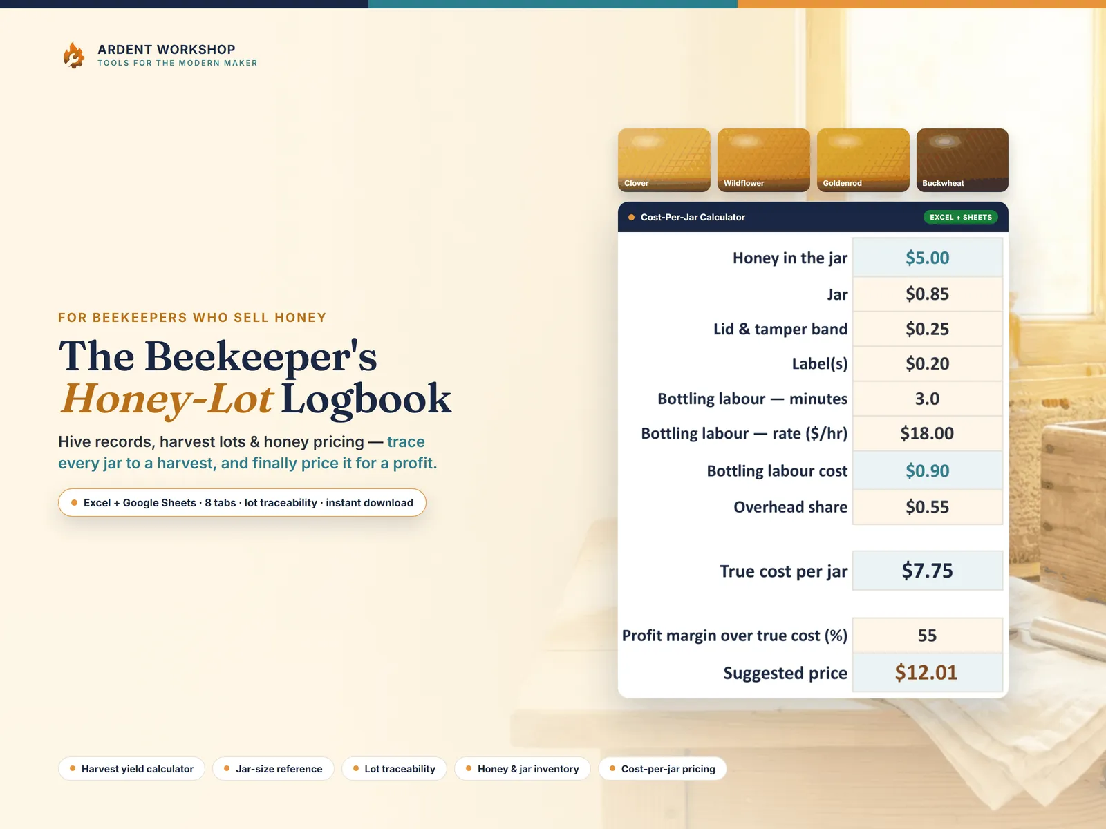 Hero: the workbook's own Cost-Per-Jar Calculator on screen, badged Excel + Google Sheets — honey, jar, lid, label, bottling time and overhead adding up to a true cost per jar of $7.75 and a suggested price of $12.01, beside honey-color swatches of the floral sources