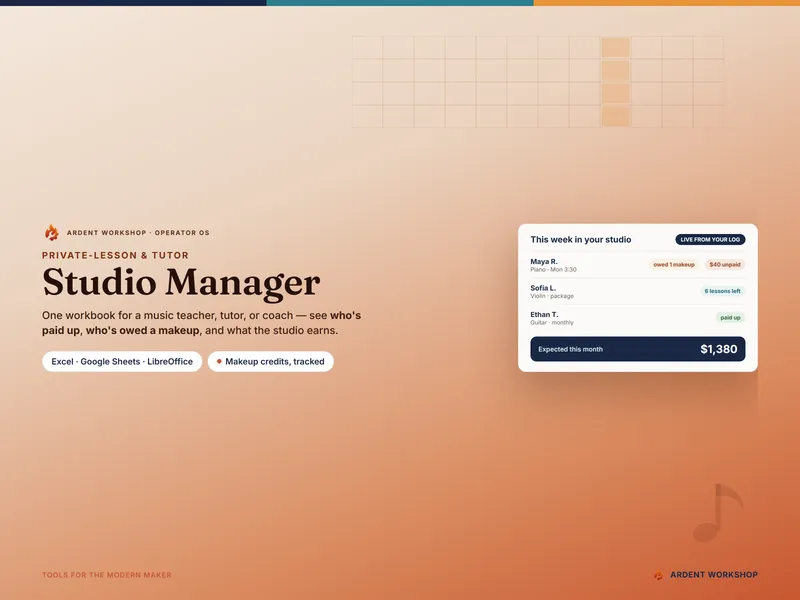 Private-Lesson & Tutor Studio Manager cover — a live studio panel showing who's owed a makeup, an unpaid balance, and the expected monthly income