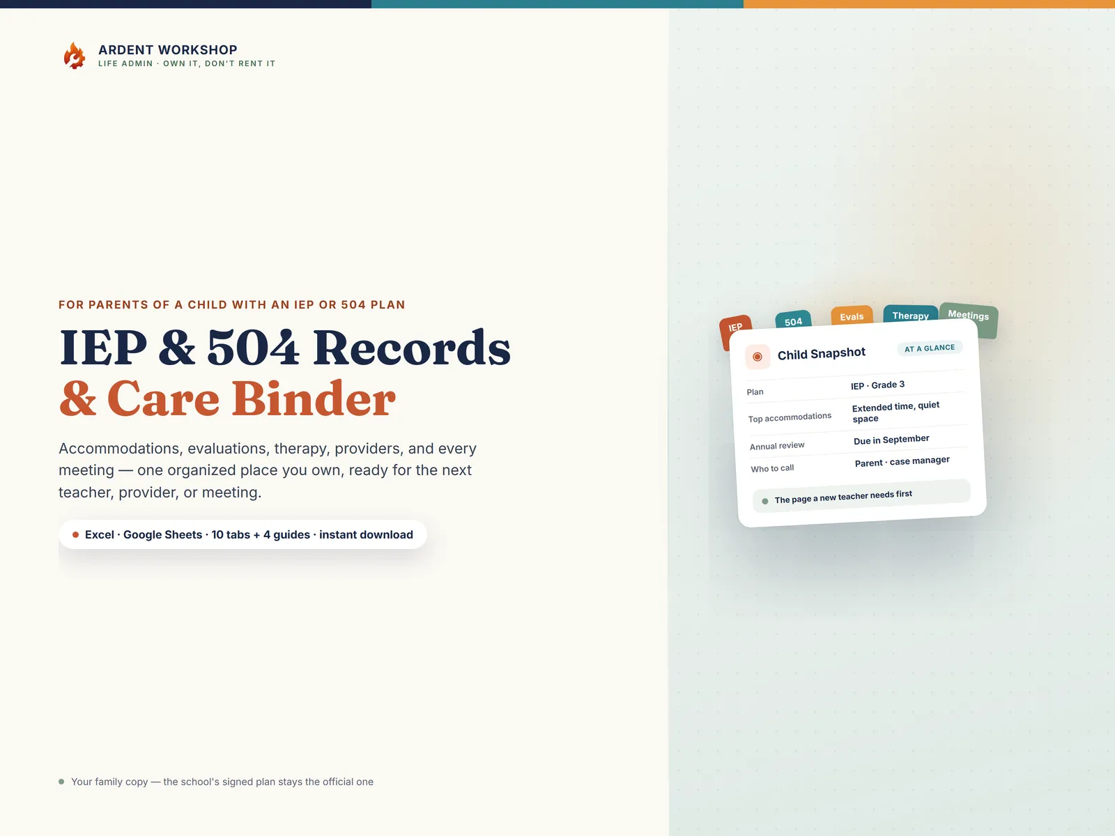 Special-Needs / IEP Records & Care Binder — organize your child's IEP or 504 records, accommodations, and meetings for Excel and Google Sheets