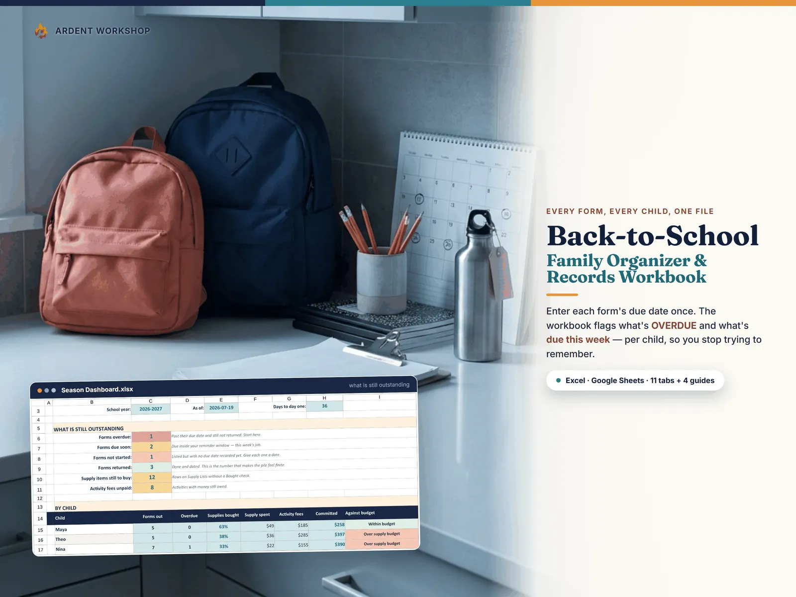 Back-to-School Family Organizer & Records Workbook — school forms, supply lists, activities and key dates for every child in one file for Excel and Google Sheets