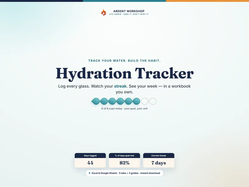 Hydration Tracker for Excel & Google Sheets — log every glass, watch your streak