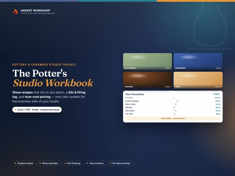 Pottery & Ceramics Studio Workbook — glaze recipes & calculator, a kiln & firing log, inventory & pricing