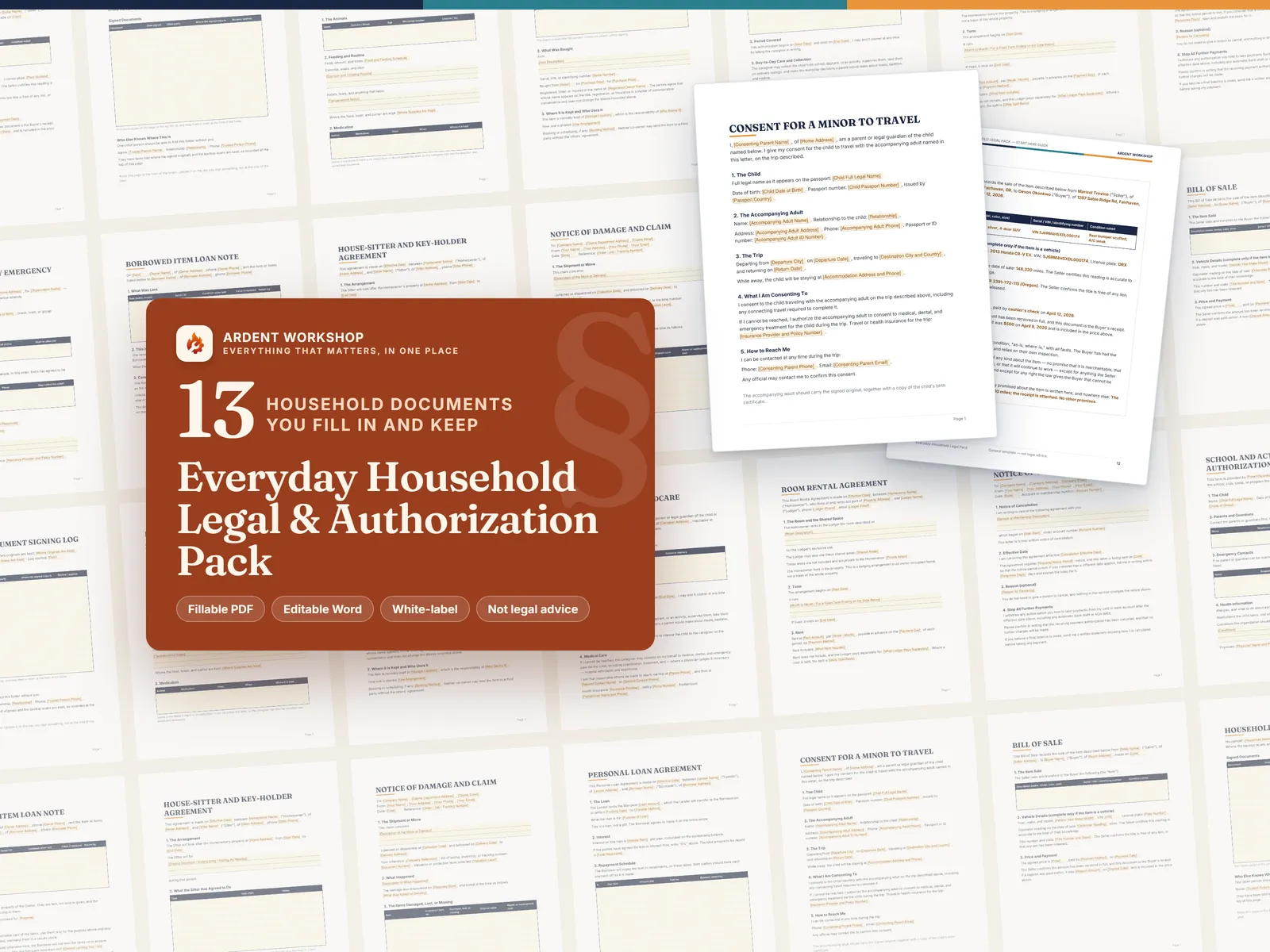 Everyday Household Legal & Authorization Template Pack — 13 fillable household documents in one owned pack