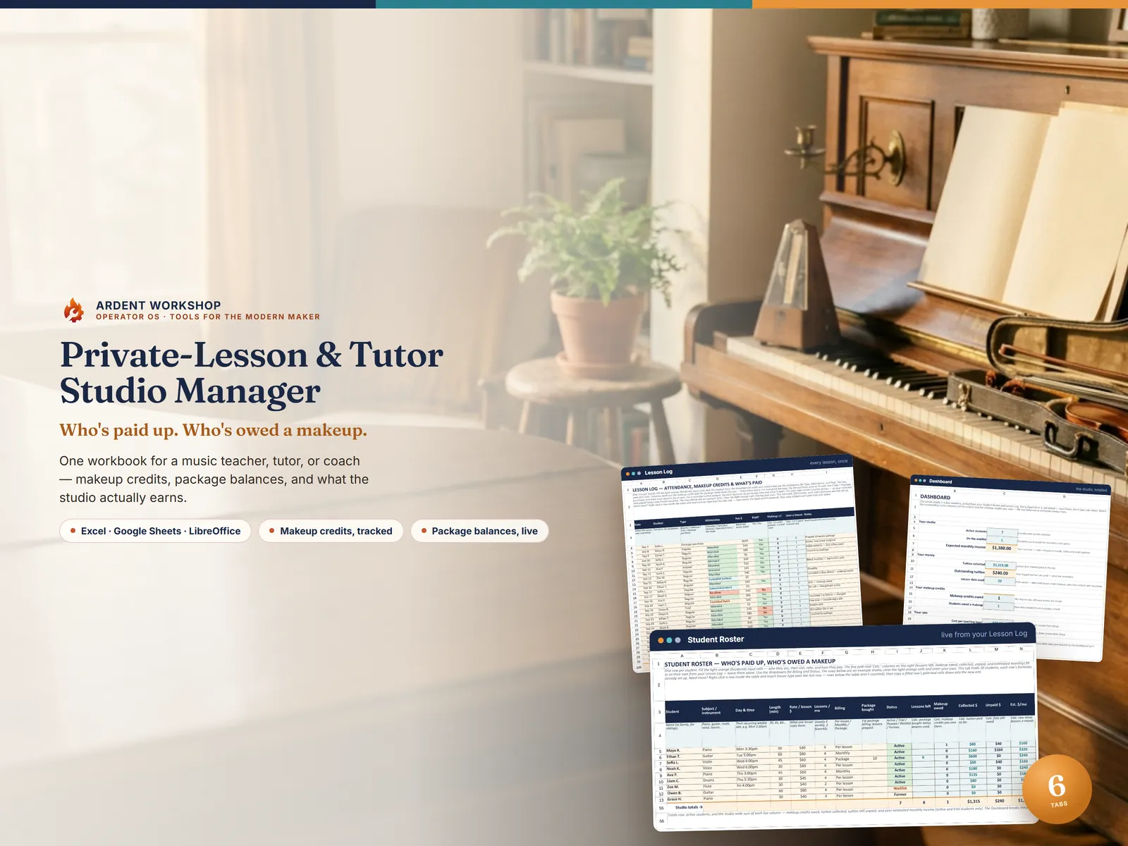 Private-Lesson & Tutor Studio Manager cover — a live studio panel showing who's owed a makeup, an unpaid balance, and the expected monthly income