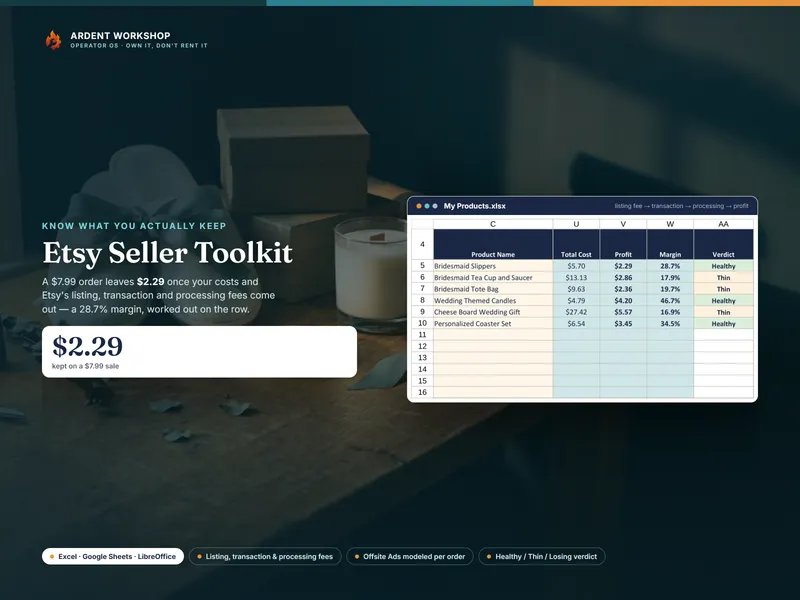 Etsy Seller Toolkit — a real view of the My Products tab: each listing's total cost, profit, margin, and a Healthy or Thin verdict, worked out on the row