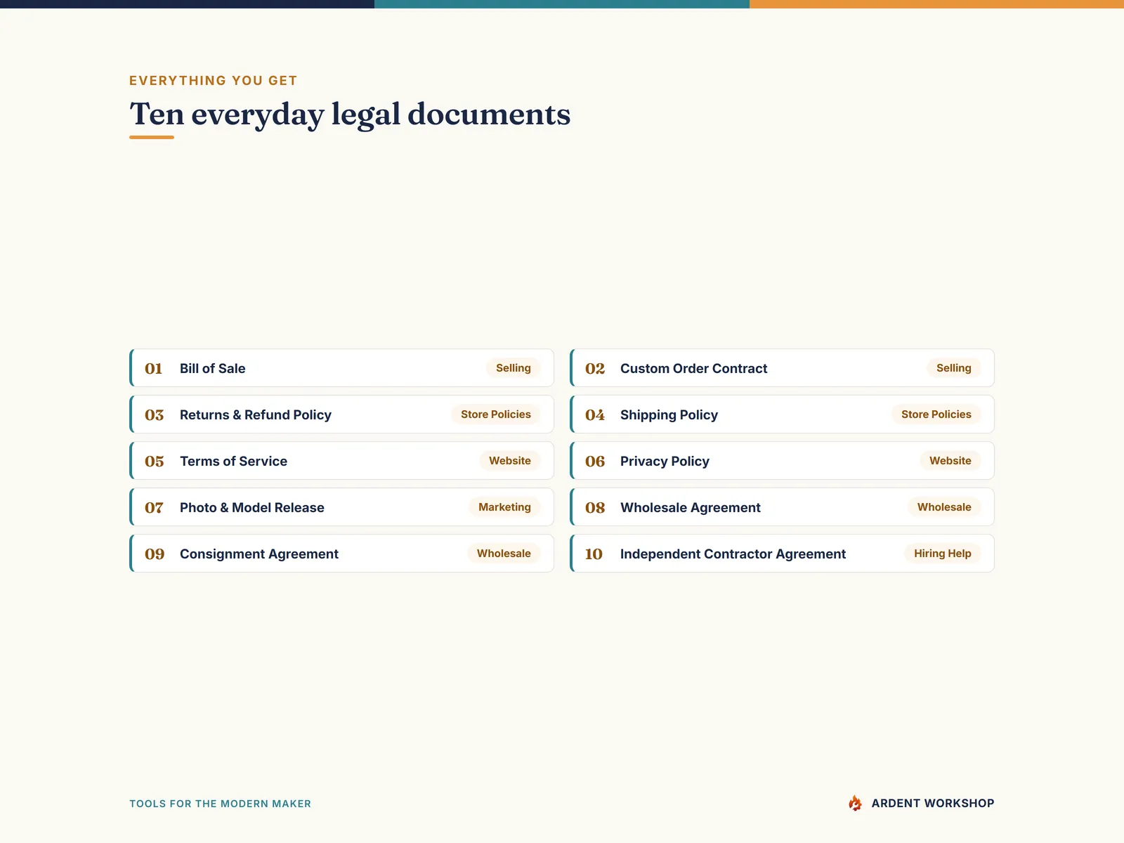 Craft Business Legal Pack — ten everyday legal documents with category tags