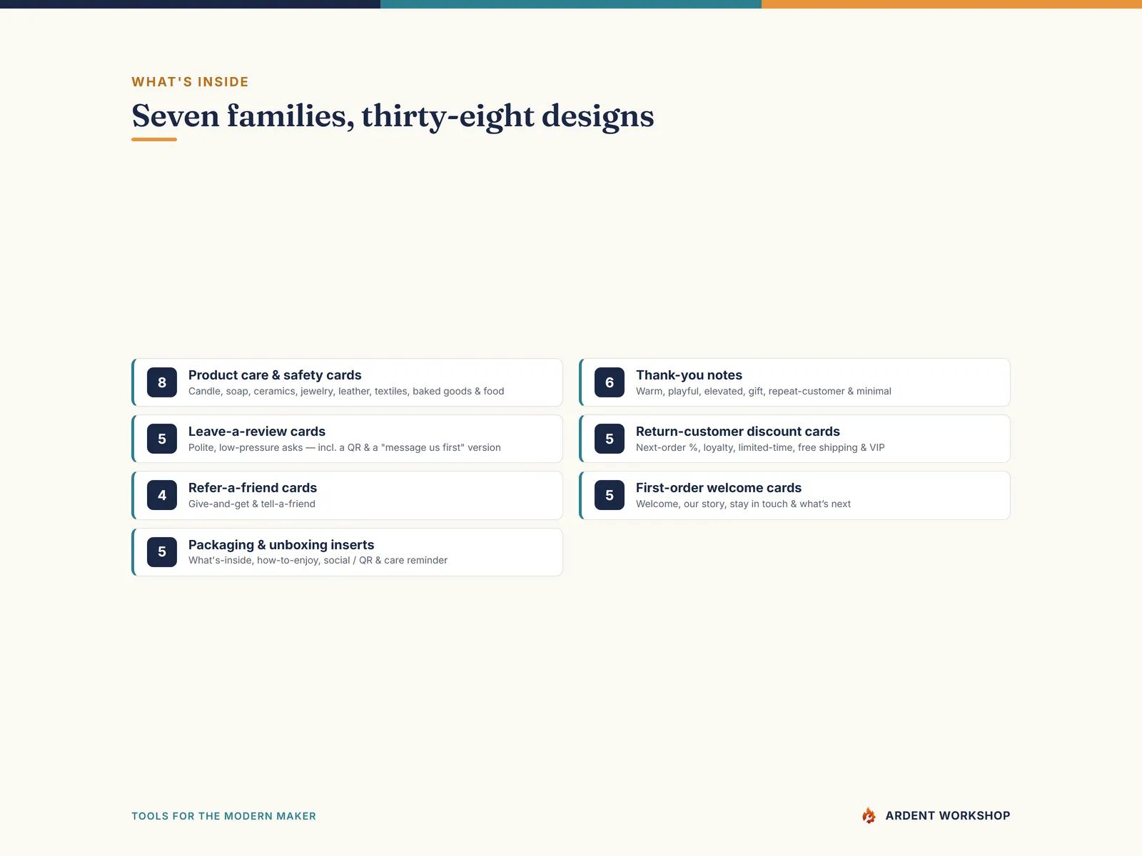 Maker's Care Cards & Packaging Inserts Pack — 7 families of insert