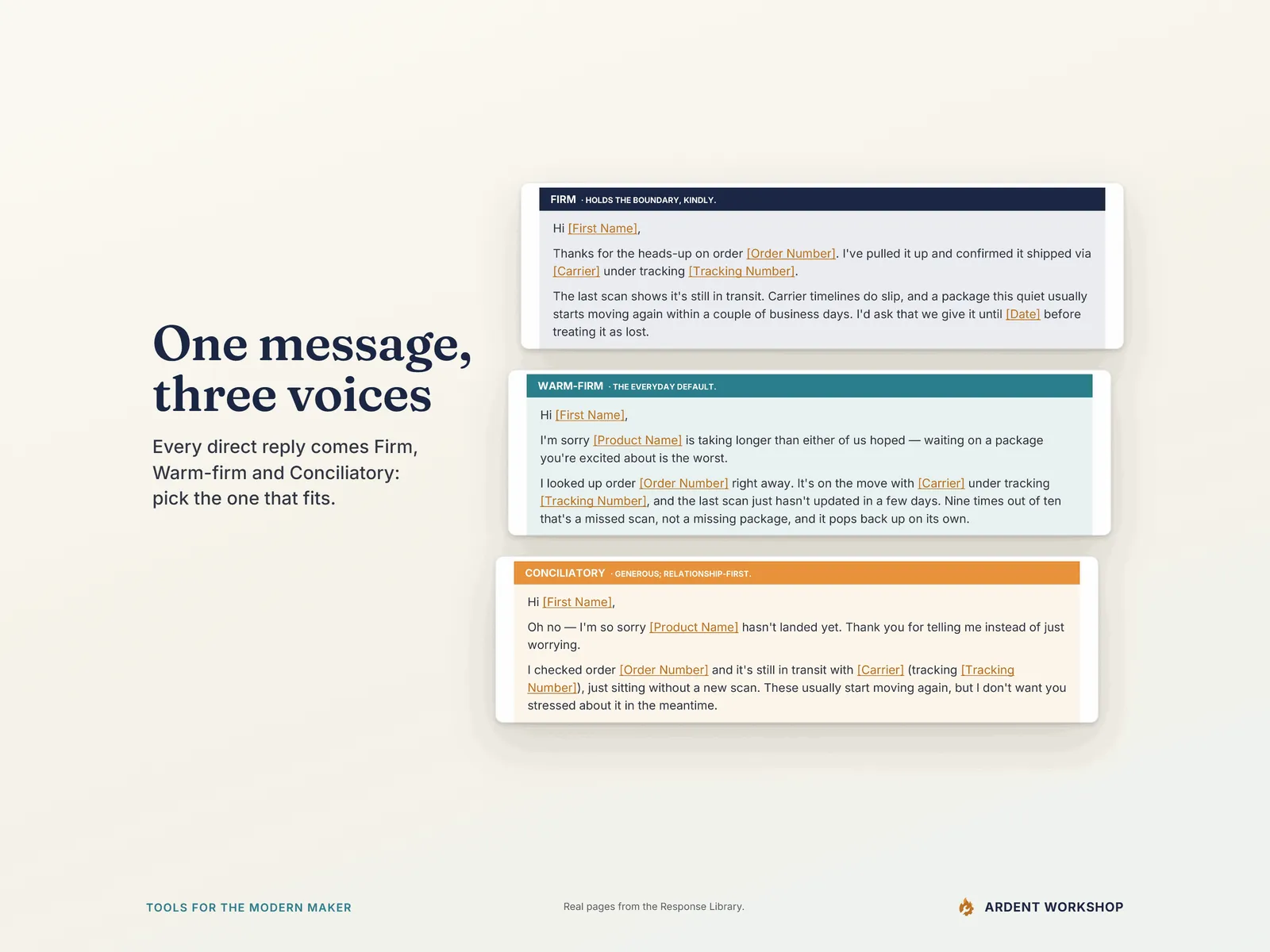 Maker's Customer Service Response Library — one lost-package script as three real library blocks stacked in a column: its Firm, Warm-firm and Conciliatory versions