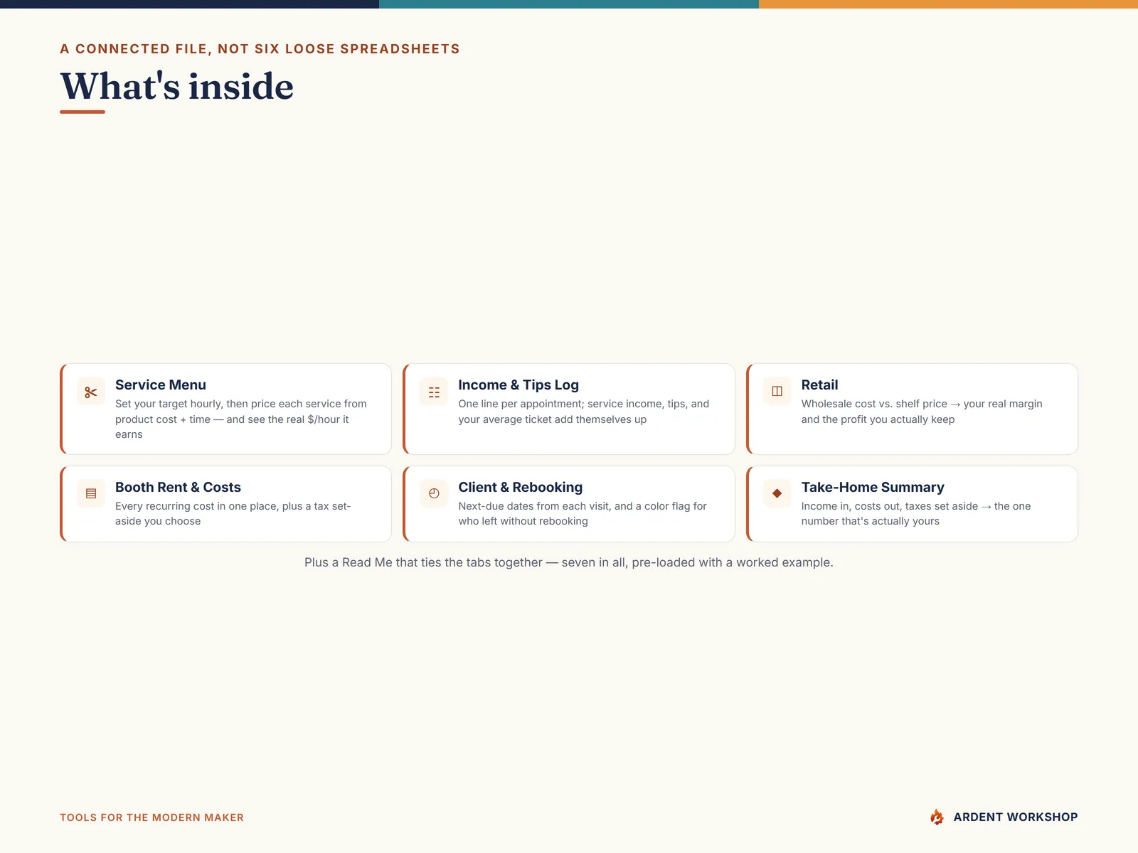 What's inside the booth-renter workbook — Service Menu, Income & Tips Log, Retail, Booth Rent & Costs, Client & Rebooking, and a Take-Home Summary
