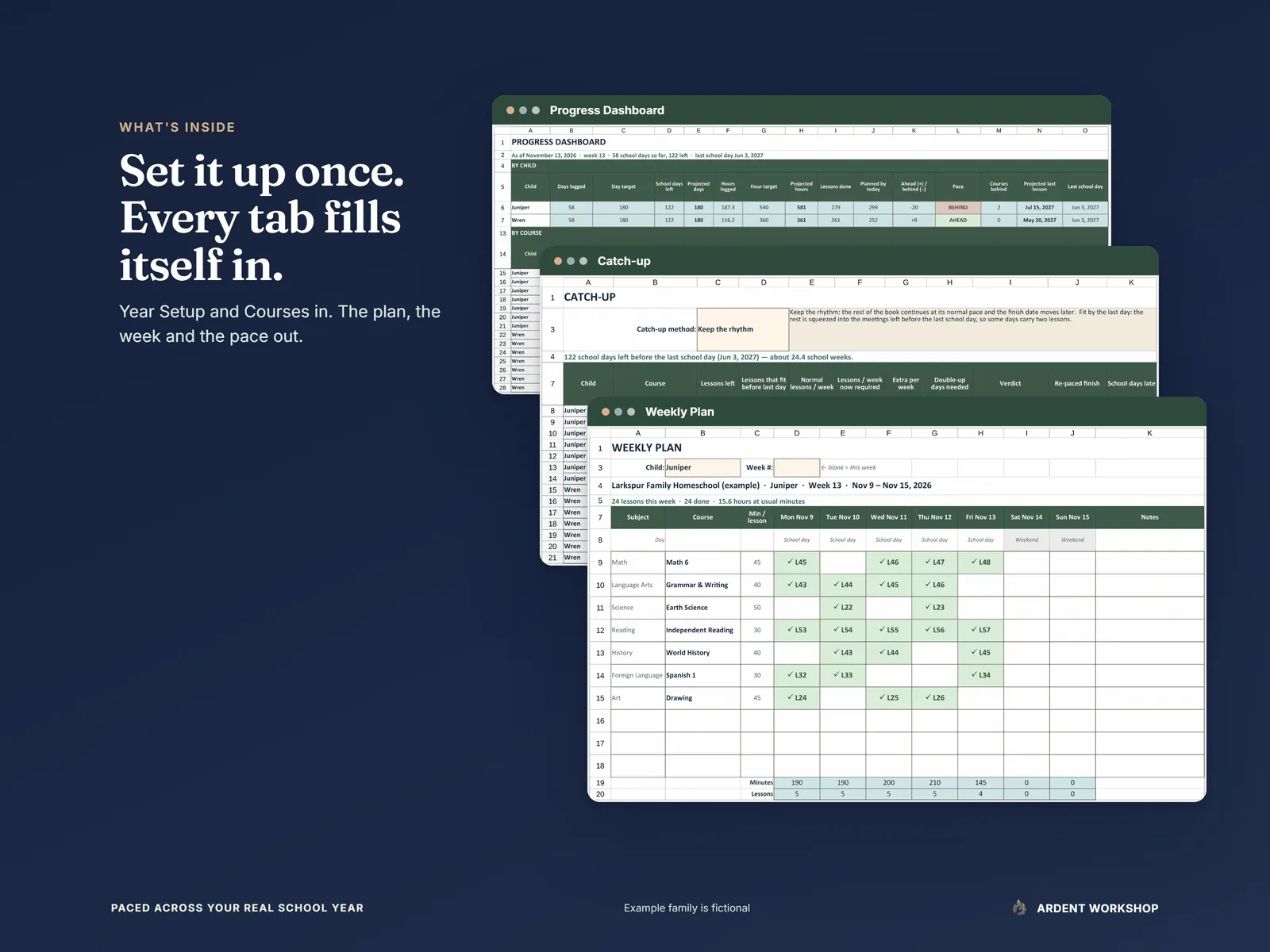Homeschool Year Planner — the Weekly Plan, Catch-up and Progress Dashboard tabs layered, from the 11-tab workbook