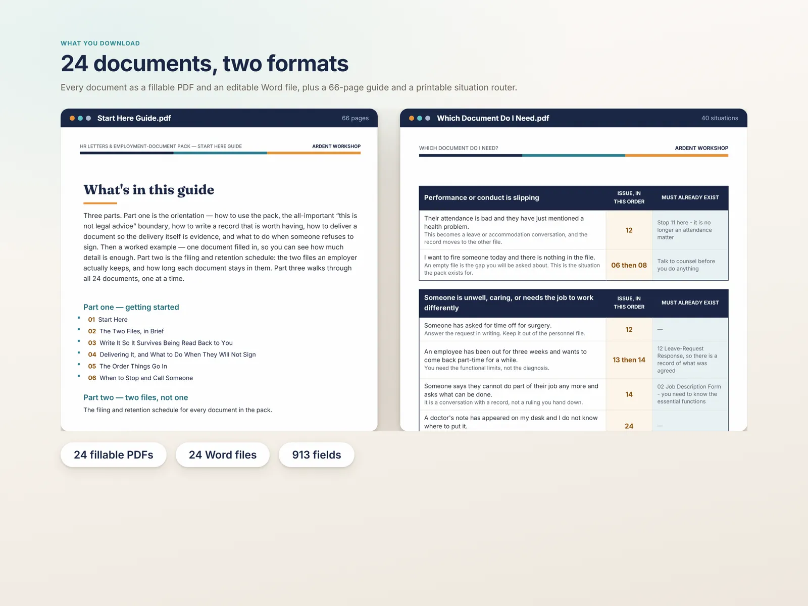 What you download — 24 documents as fillable PDFs and editable Word files, plus a 66-page guide and a printable situation router