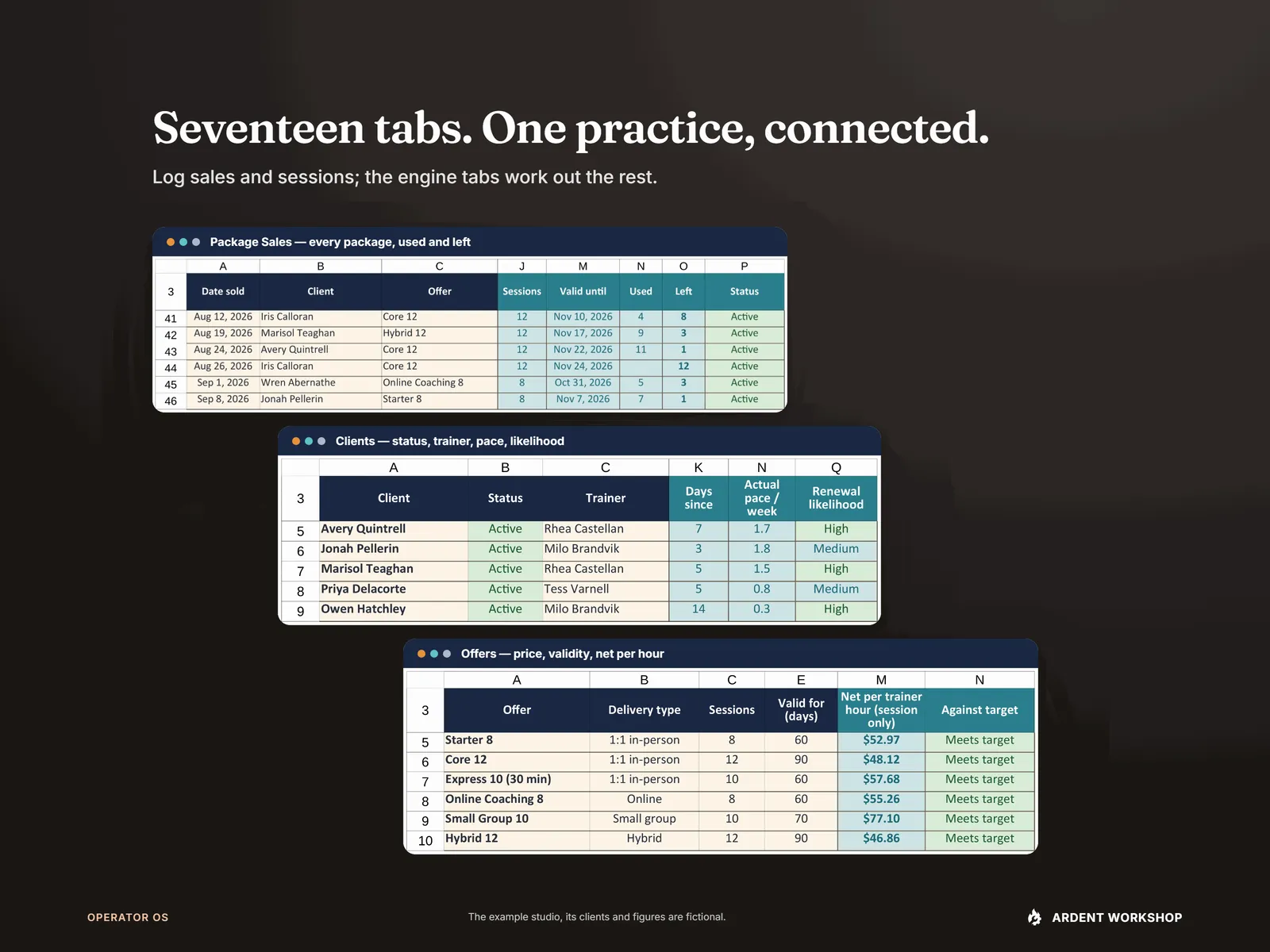 Personal trainer workbook, seventeen tabs, one practice — the Package Sales tab's open packages, the Clients tab and the Offers tab, cascaded