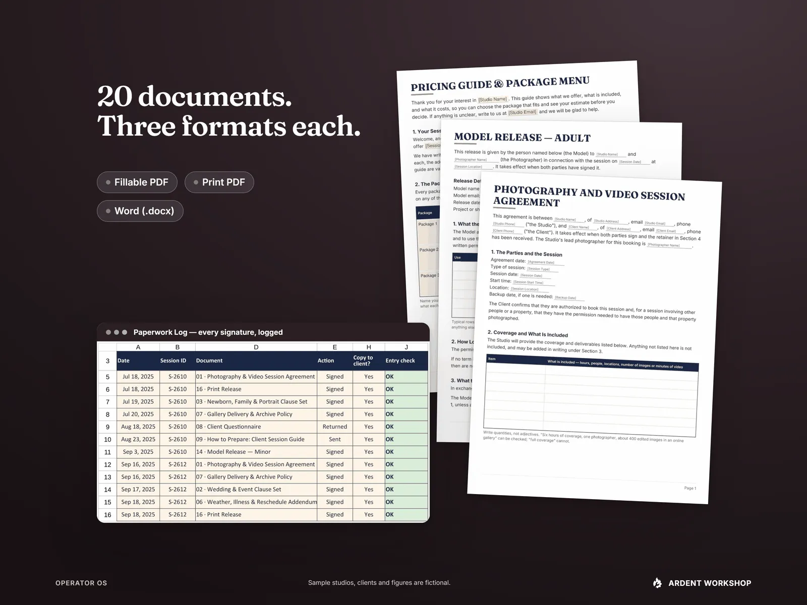 20 documents in three formats each — the session agreement, a model release and the pricing guide fanned beside the Paperwork Log, with fillable PDF, print PDF and Word chips