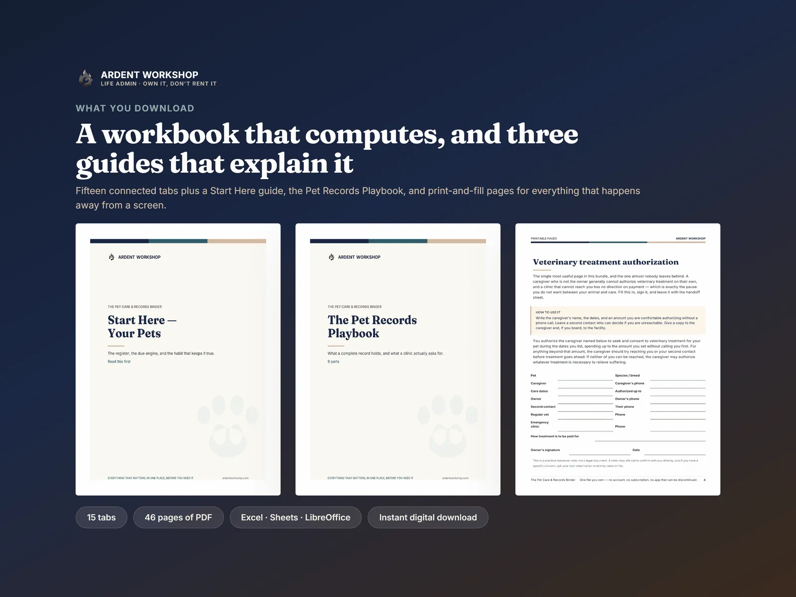 What you download: a 15-tab workbook plus the Start Here guide, the Pet Records Playbook and print-and-fill pages