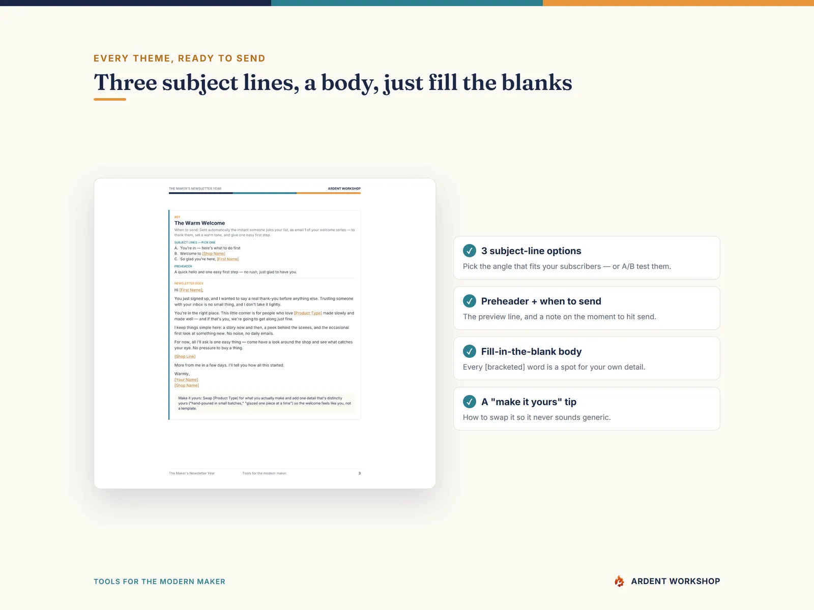 Maker's Newsletter Year — every theme: three subject lines, a body, just fill the blanks