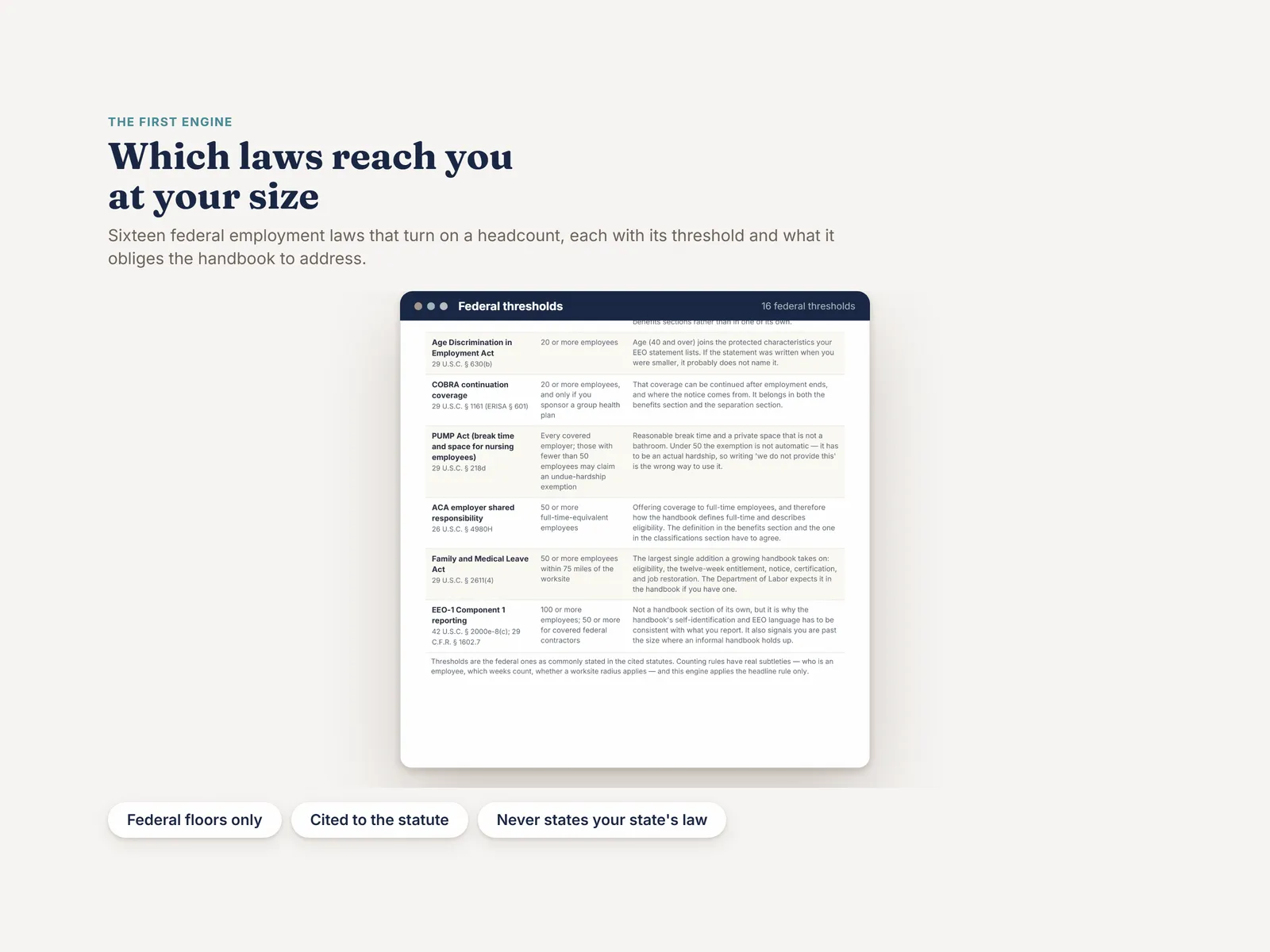 Sixteen federal employment laws that turn on a headcount, each with its threshold and what it obliges the handbook to address