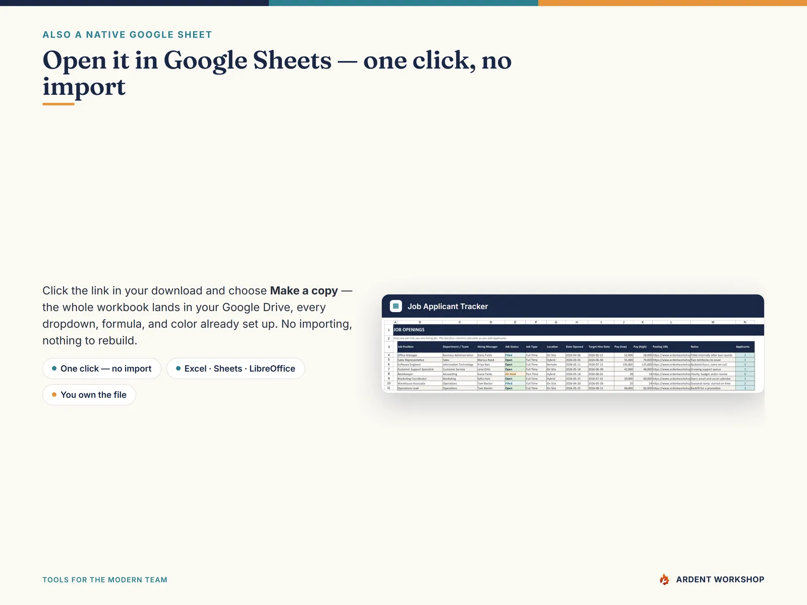 Open the applicant tracker in Google Sheets with one click — no import needed