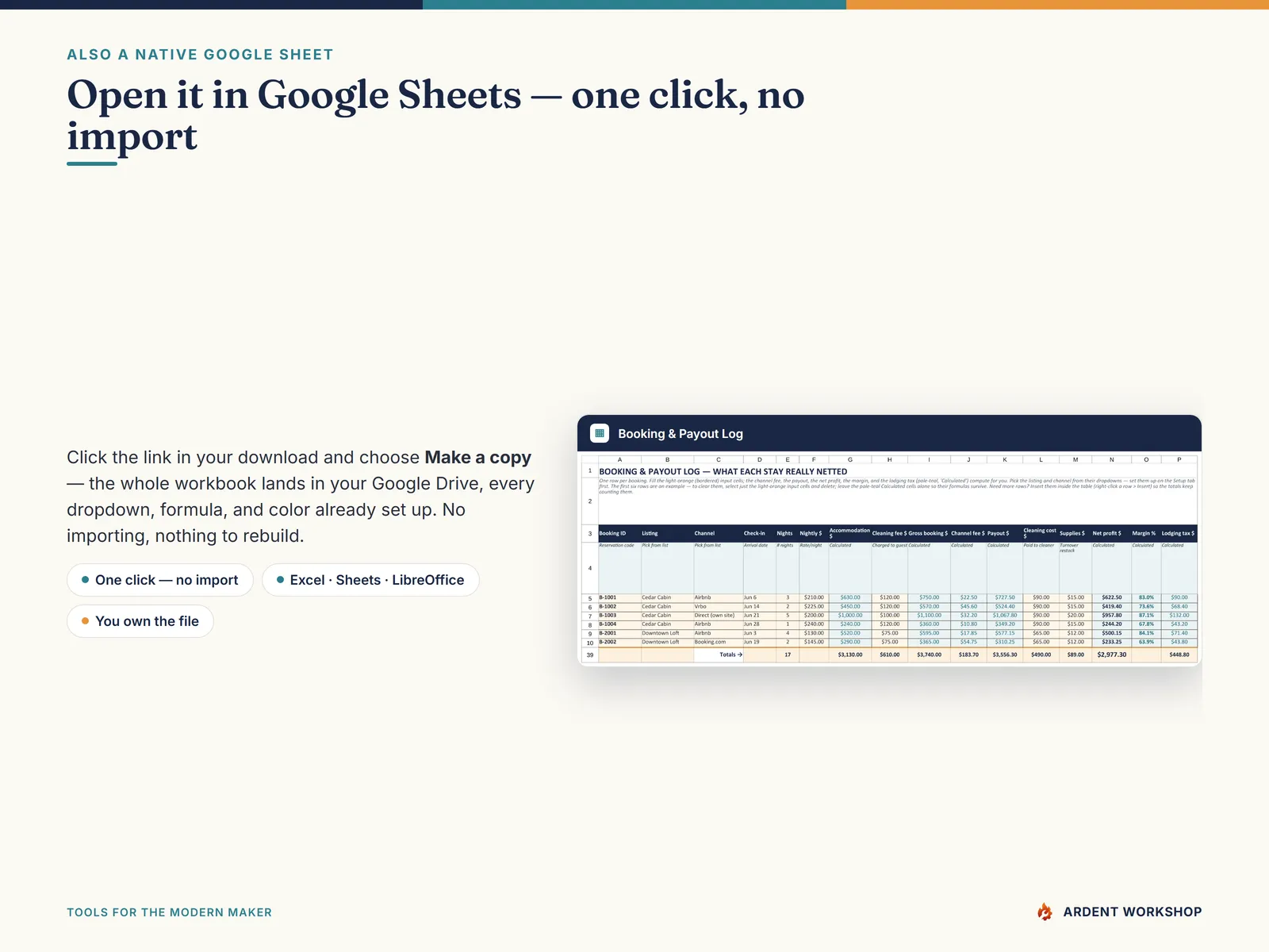 STR Owner P&L Workbook — also a native Google Sheet; open the included link and click Make a copy, no import needed