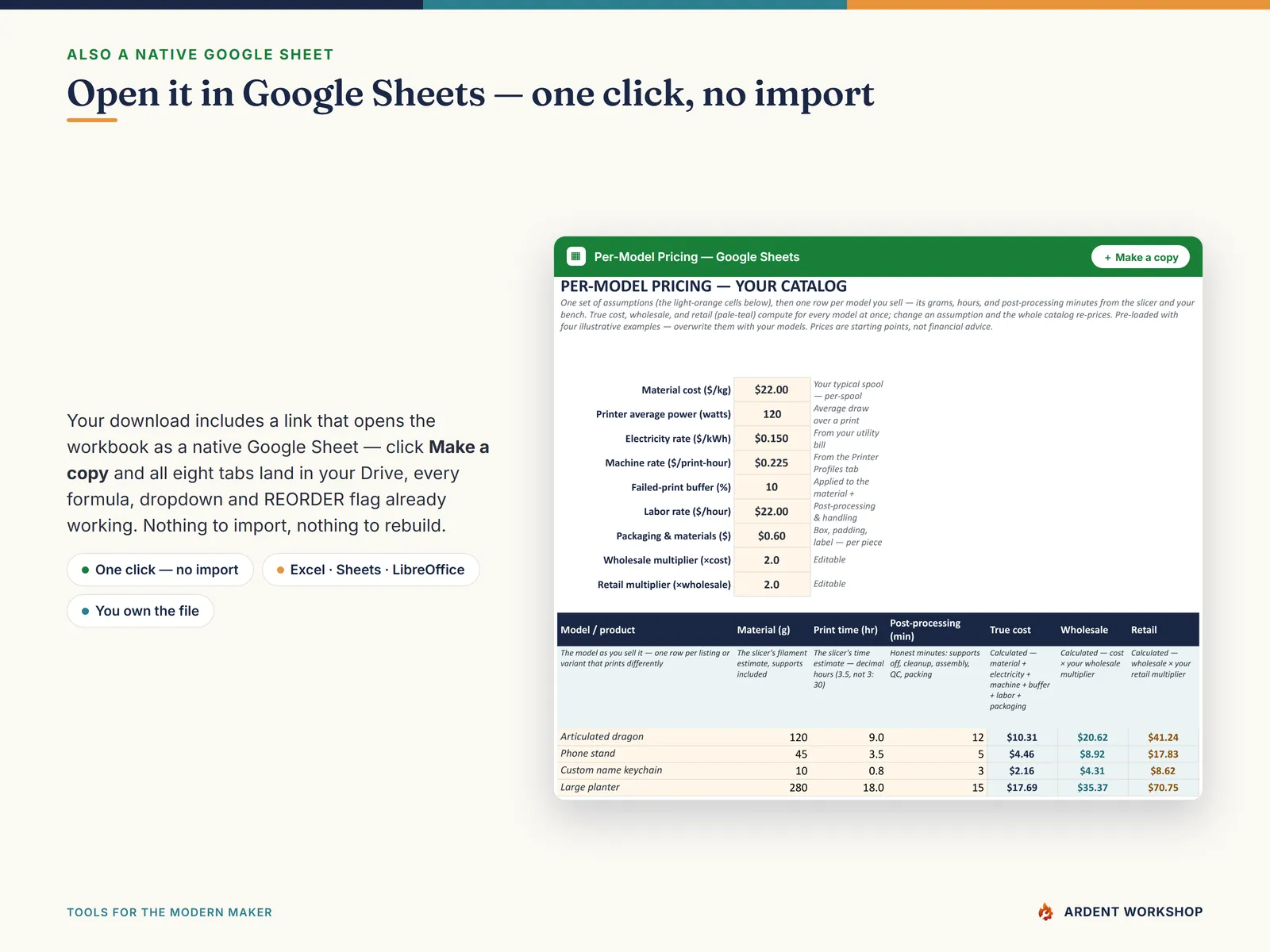 3D-Printing Shop's Filament & Print-Cost Workbook — open it in Google Sheets in one click, no import needed