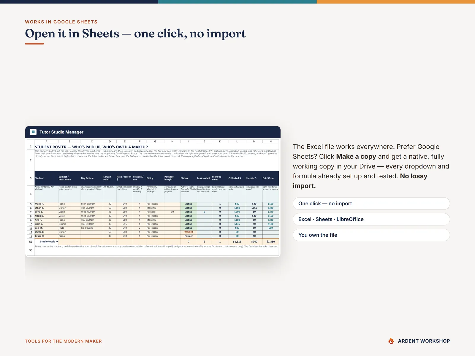 Opening the workbook as a native Google Sheet with one click — no import needed