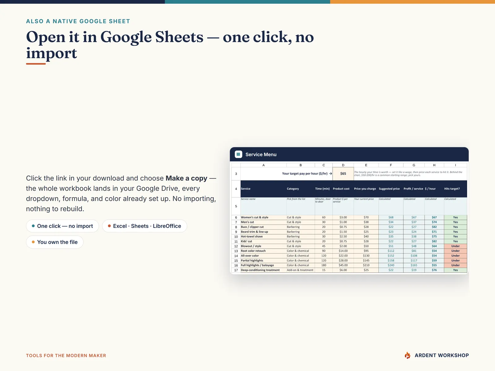 Open the booth-renter workbook in Google Sheets — one click, Make a copy, no import needed