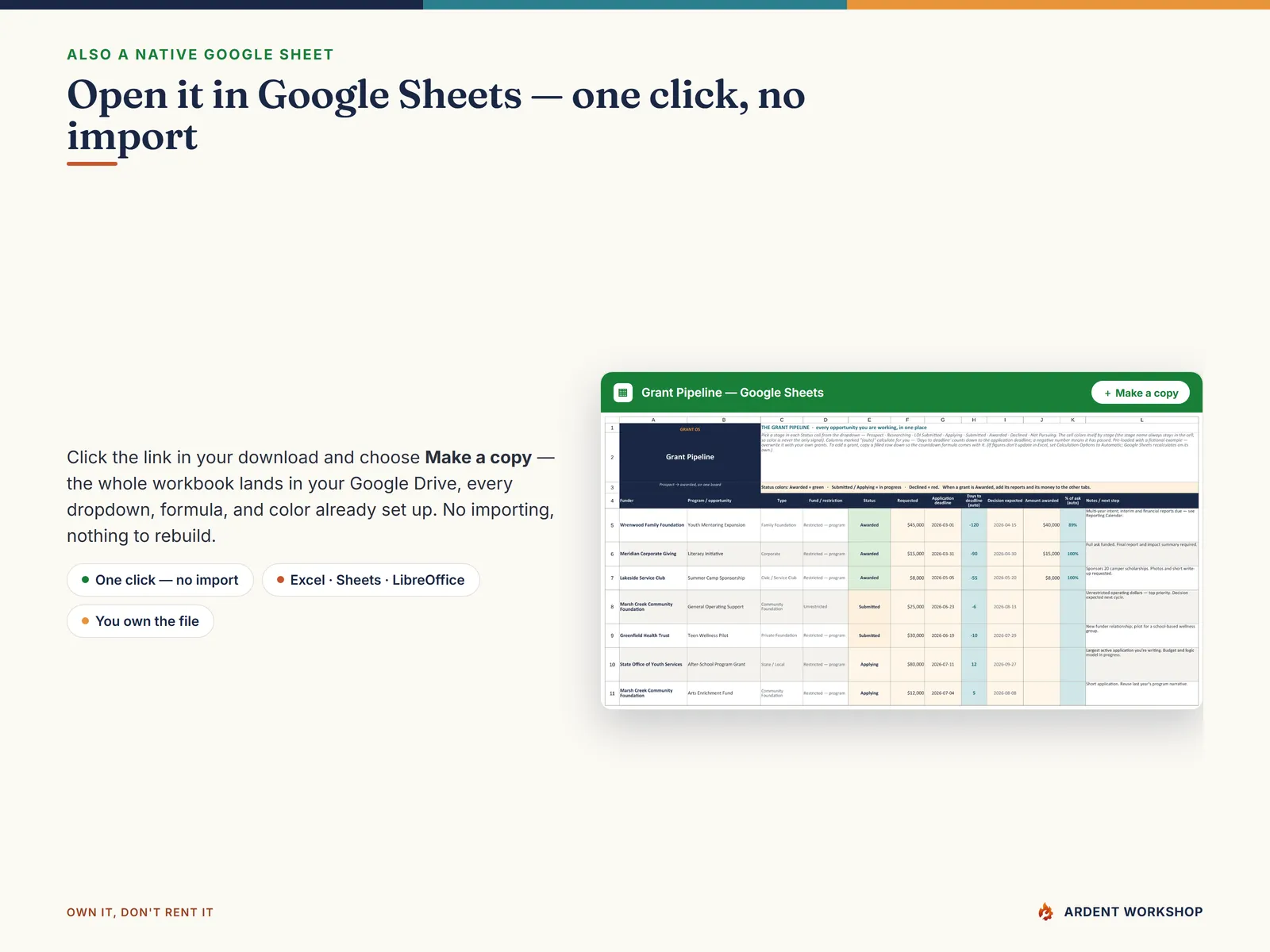 Also a native Google Sheet — open the included link and click Make a copy, no import needed