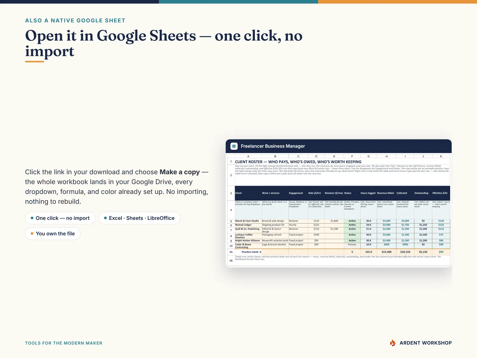 Opening the workbook as a native Google Sheet with one click — no import needed