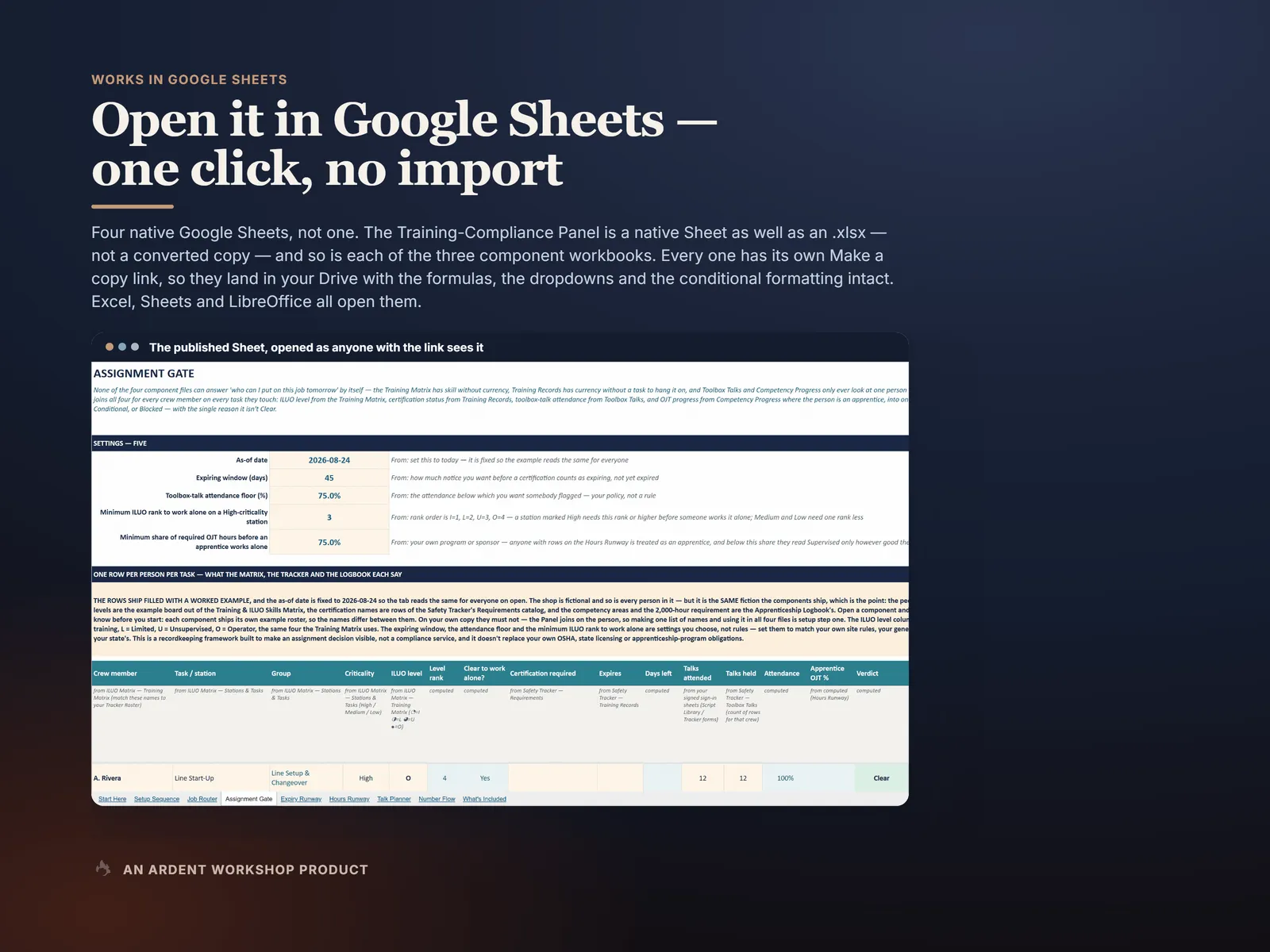The Training-Compliance Panel open in Google Sheets as a native Sheet, with all nine tabs visible in the tab strip
