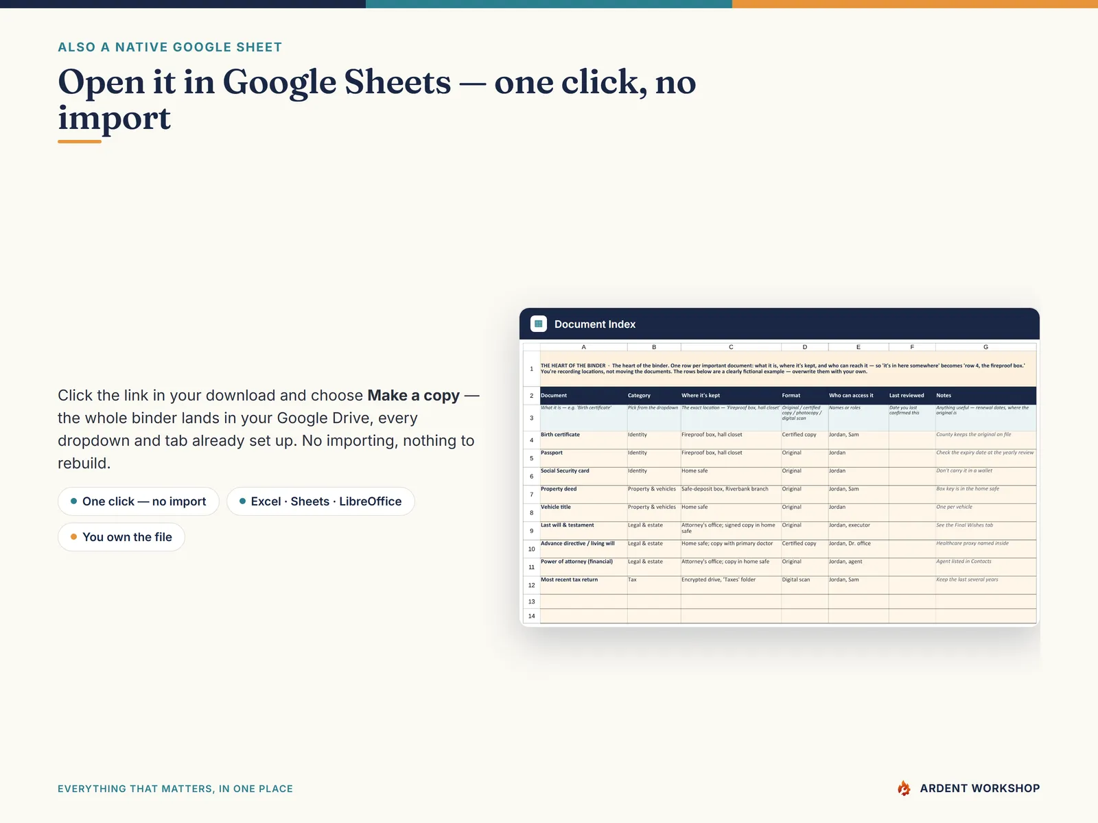 Estate / Life-Admin Binder — also a native Google Sheet, open the included link and click Make a copy, no import needed