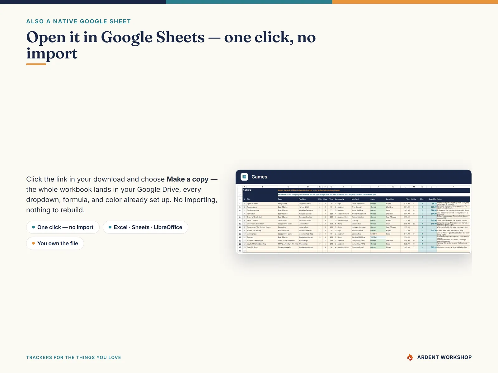 Also a native Google Sheet — open the included link and click Make a copy, no import needed
