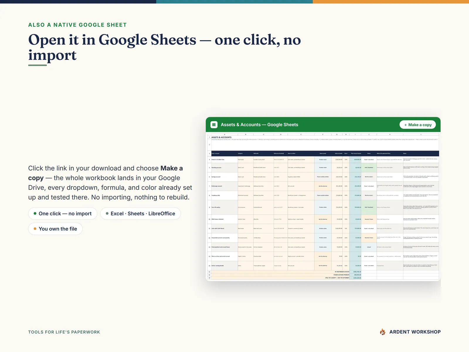 Also a native Google Sheet — open the included link and click Make a copy, no import needed