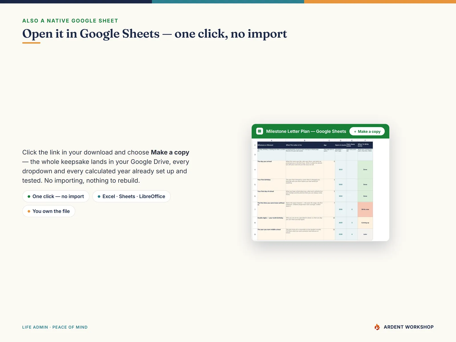 The same keepsake as a native Google Sheet — open the included link and click Make a copy, no import needed
