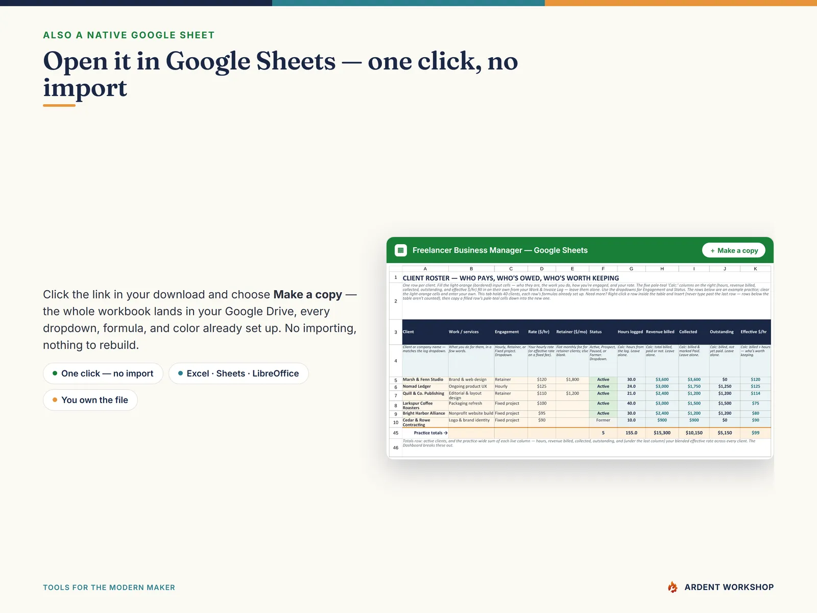 Opening the workbook as a native Google Sheet with one click — no import needed