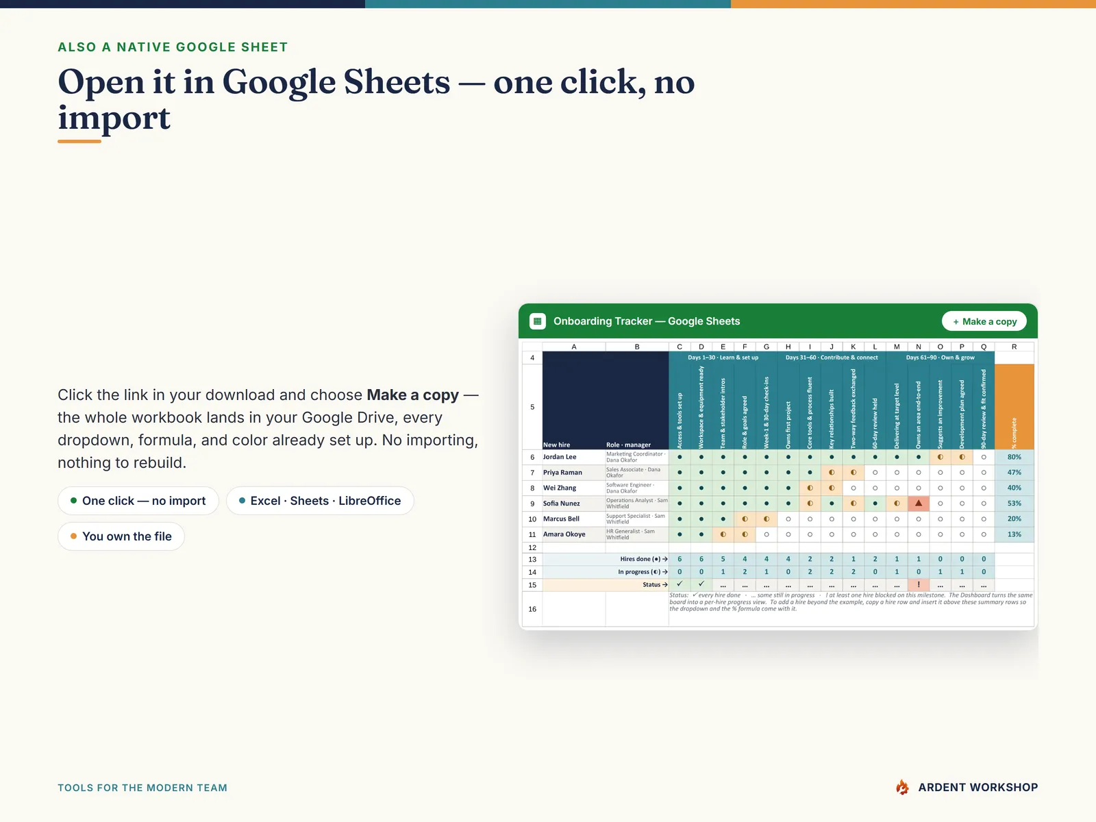 Open it in Google Sheets with one click — Make a copy, no import needed