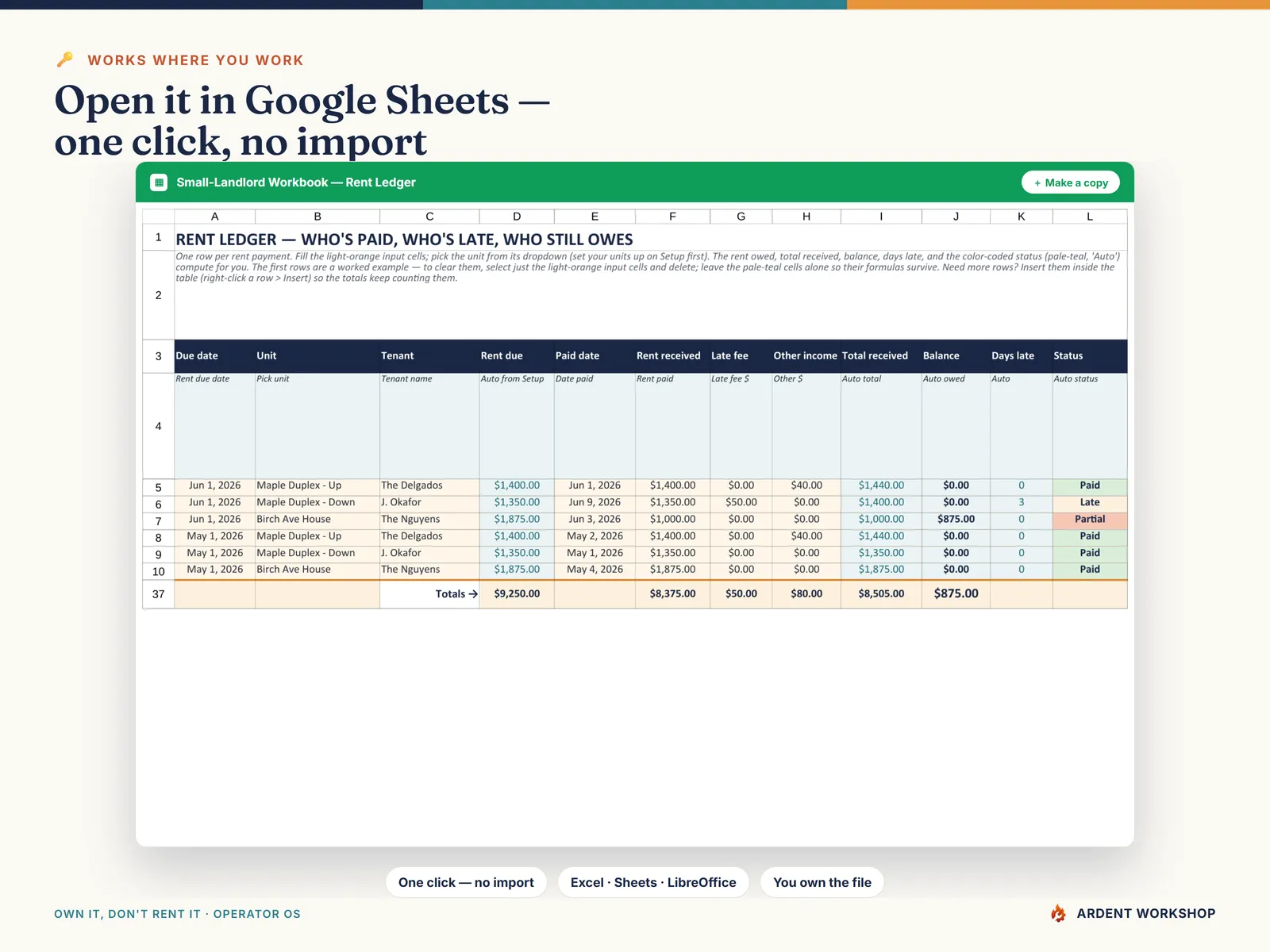 Small-Landlord Workbook — also a native Google Sheet; open the included link and click Make a copy, no import needed