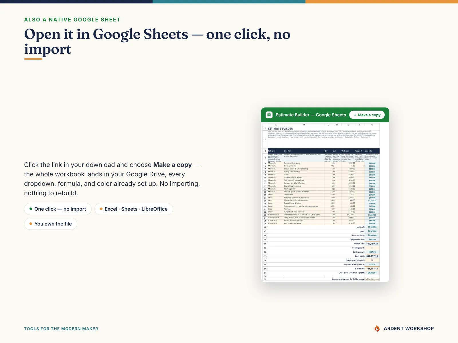 Contractor & Trades Estimating Workbook — also a native Google Sheet, open the included link and click Make a copy, no import needed