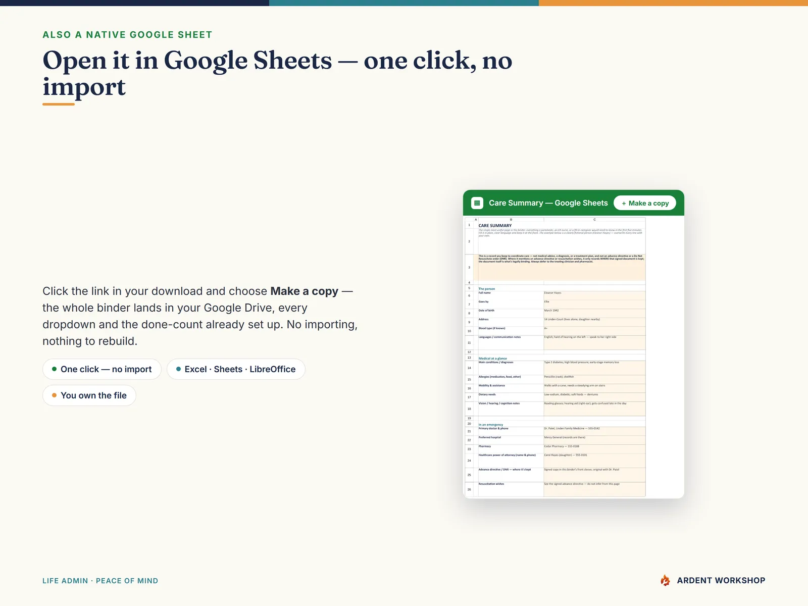Caregiver Care Binder — also a native Google Sheet, open the included link and click Make a copy, no import needed