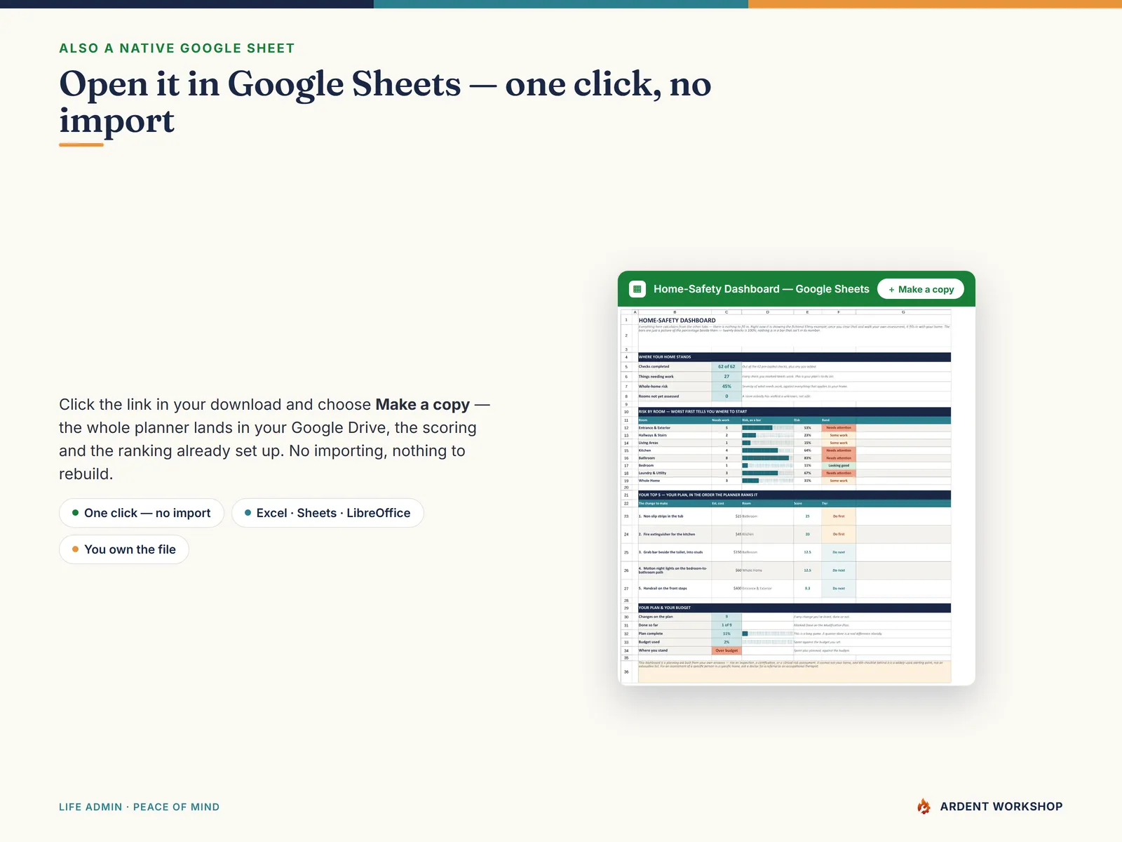 Open it in Google Sheets in one click — Make a copy, no import needed