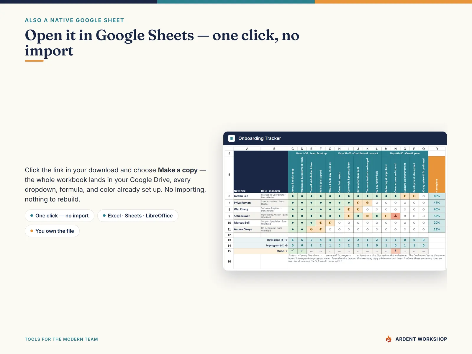 Open it in Google Sheets with one click — Make a copy, no import needed