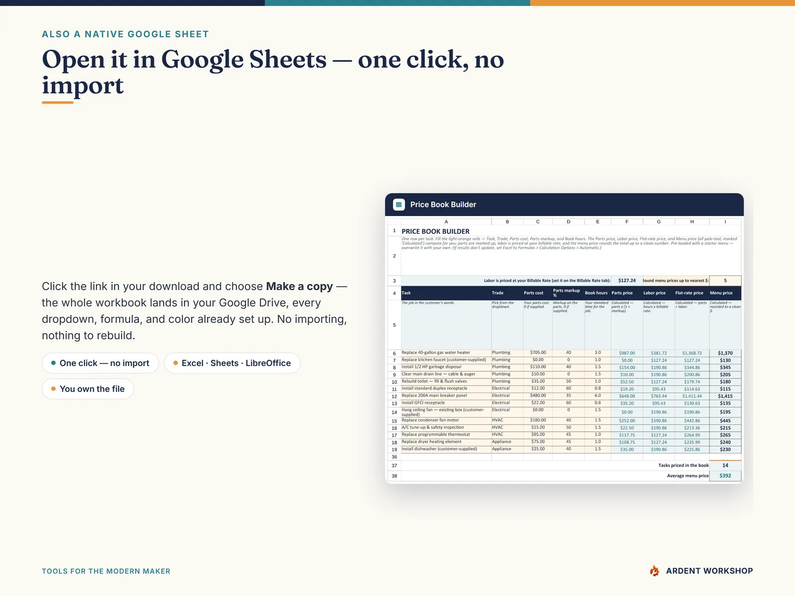 Flat-Rate Pricing Book — also a native Google Sheet; open the included link and click Make a copy, no import needed