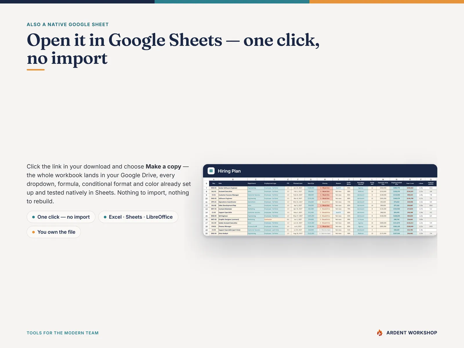 Also a native Google Sheet — open the included link and click Make a copy, no import needed