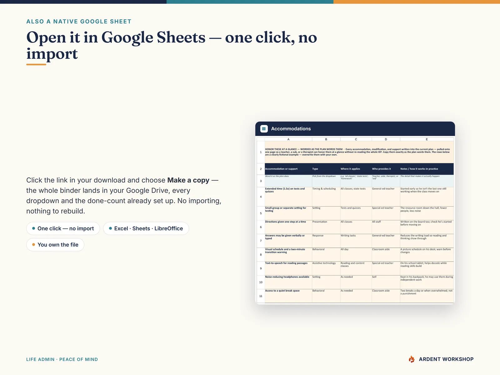 IEP Records & Care Binder — also a native Google Sheet, open the included link and click Make a copy, no import needed