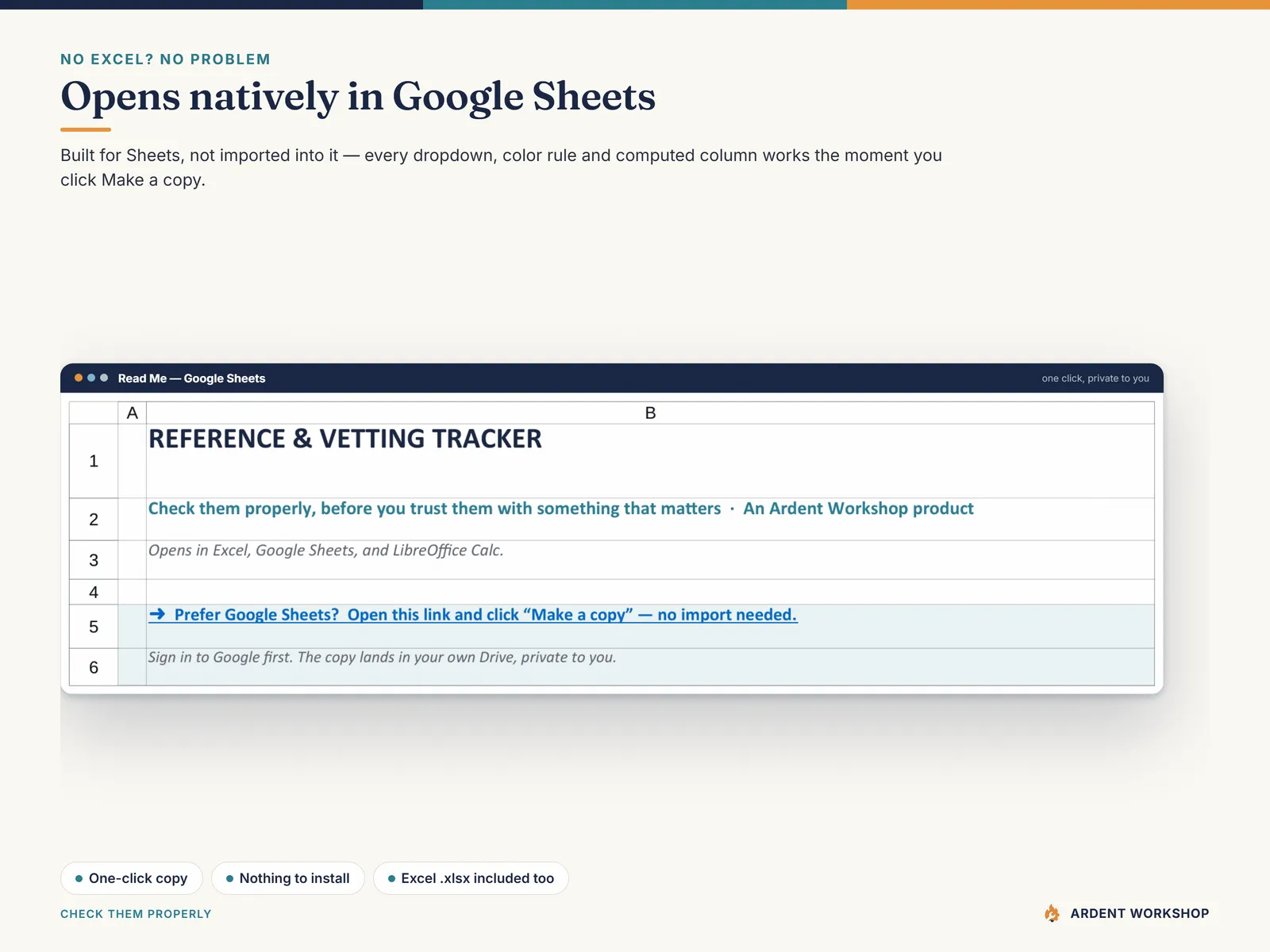 Open the Reference & Vetting Tracker in Google Sheets with one click — Make a copy, built natively for Sheets, no import needed