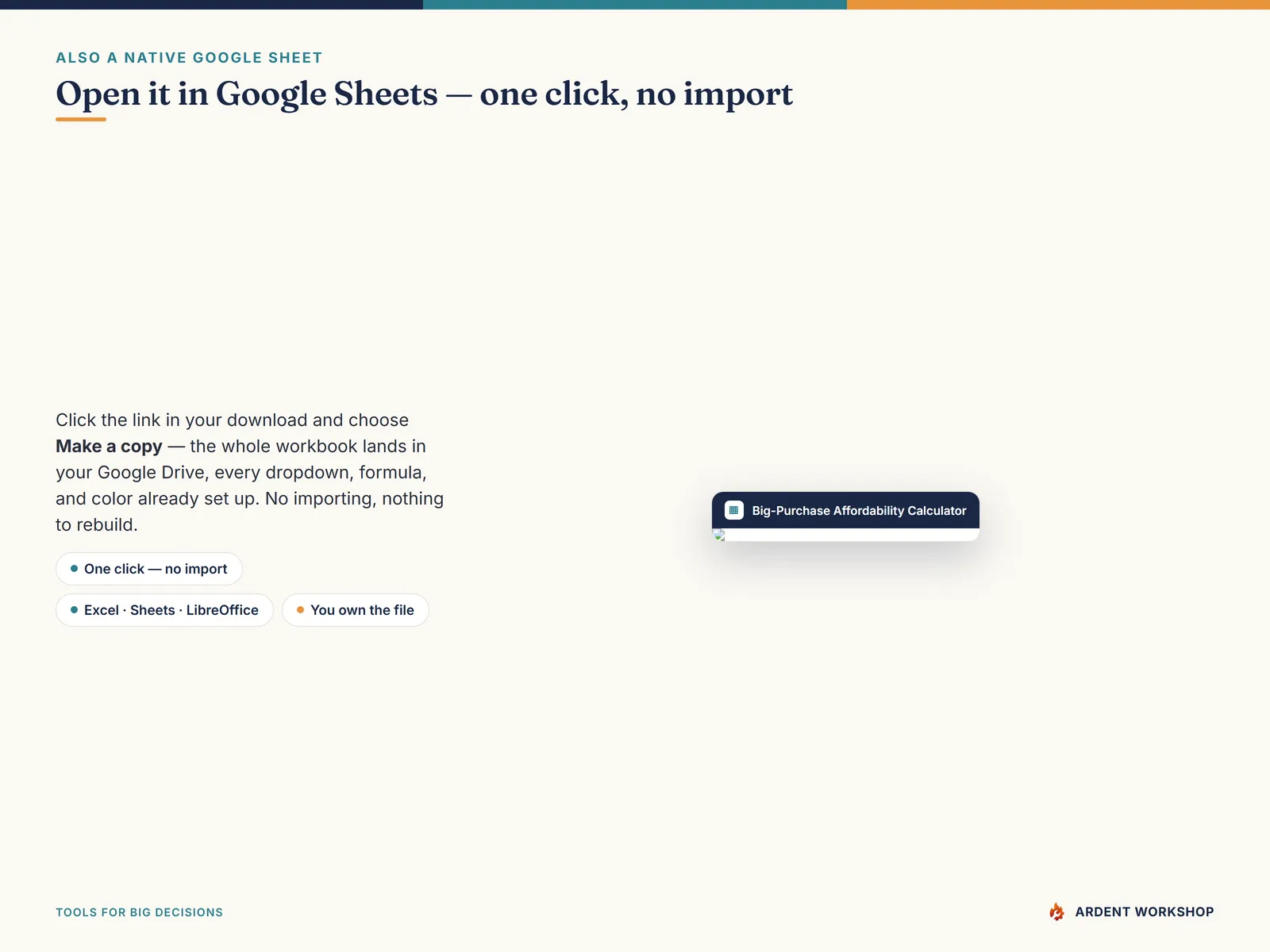 Open the Big-Purchase Affordability Calculator in Google Sheets with one click — Make a copy, no import needed