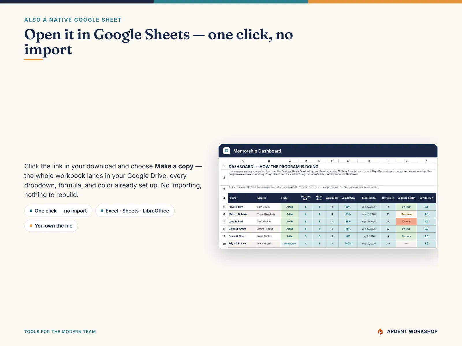 Open it in Google Sheets with one click — Make a copy, no import needed