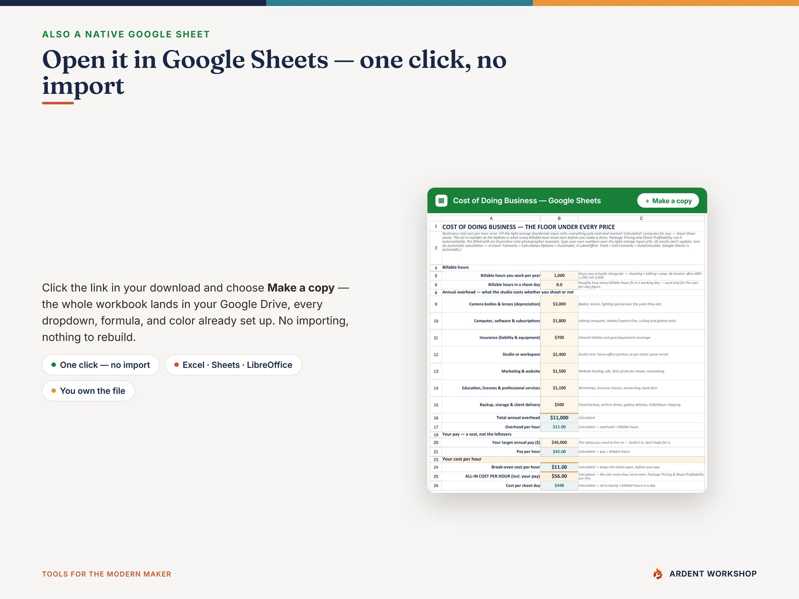 Opening the workbook as a native Google Sheet with one click — no import needed