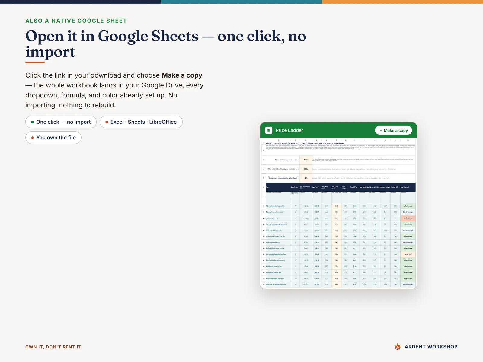 One-click native Google Sheets copy of the jewelry pricing workbook, no import needed