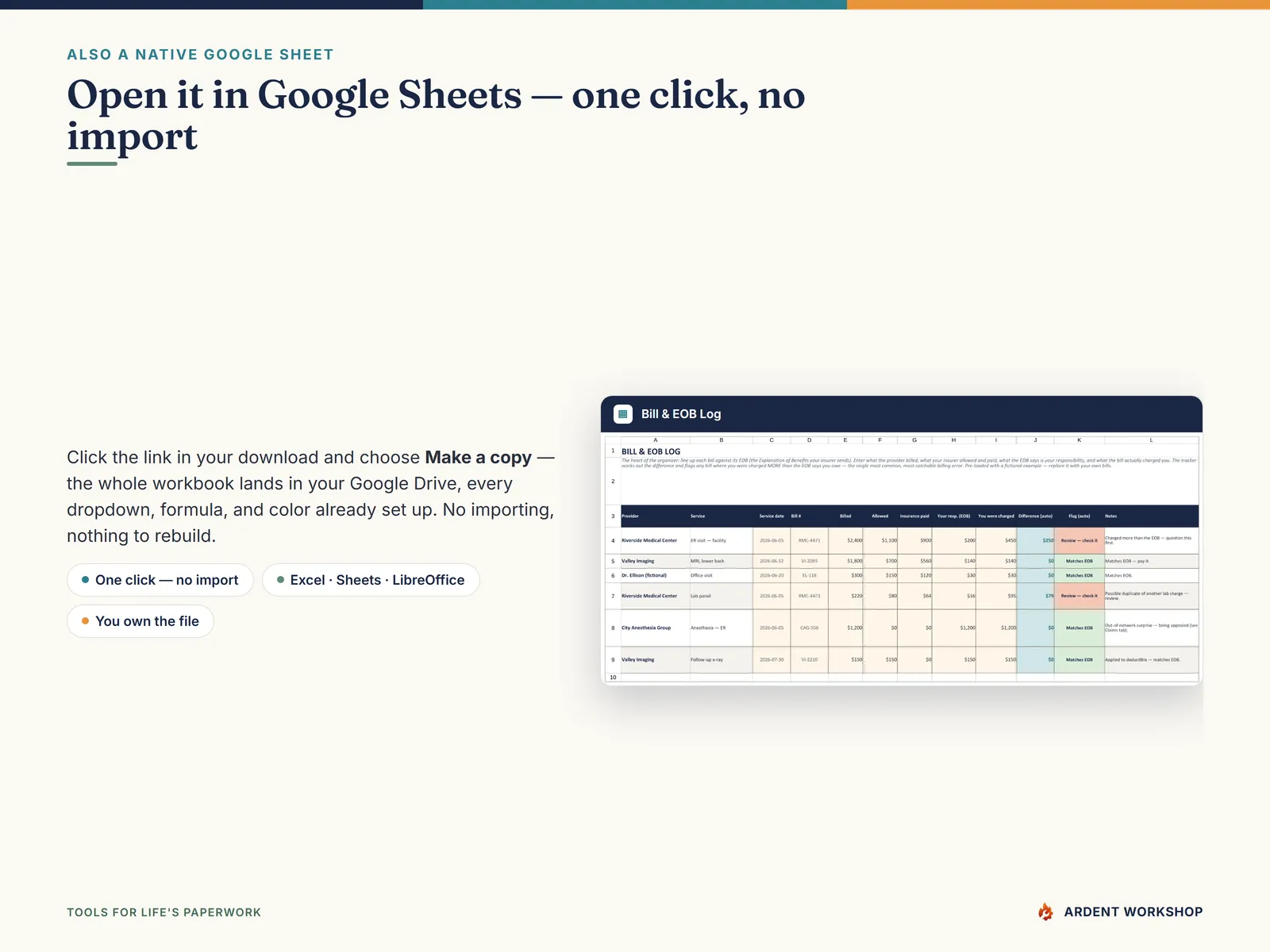 Also a native Google Sheet — open the included link and click Make a copy, no import needed